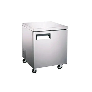 Under Counter Solid Door Cooler with sleek design and wheels for easy mobility.