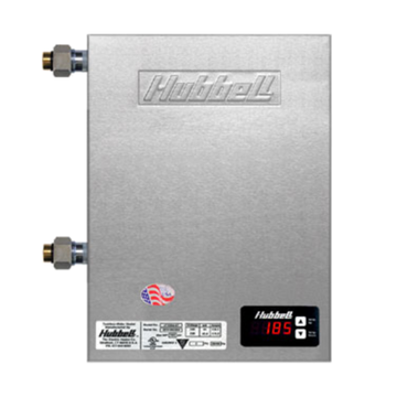 Hubbell tankless electric booster heaters with digital display for efficient water heating.