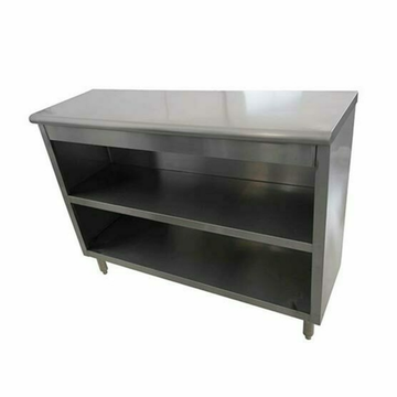 Modern dish cabinets featuring a sleek stainless steel design with open shelves for easy access.