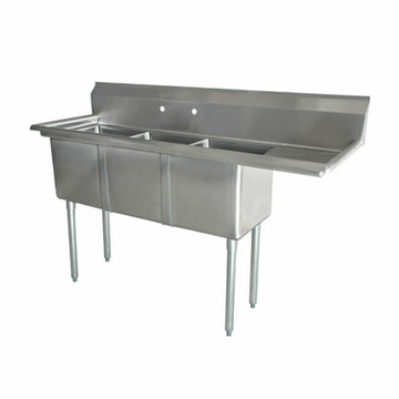 Stainless steel three-compartment kitchen sinks with a back splash for efficient washing and cleaning.