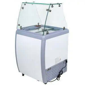 Commercial ice cream dipping freezers with glass top for optimal product display and temperature control.